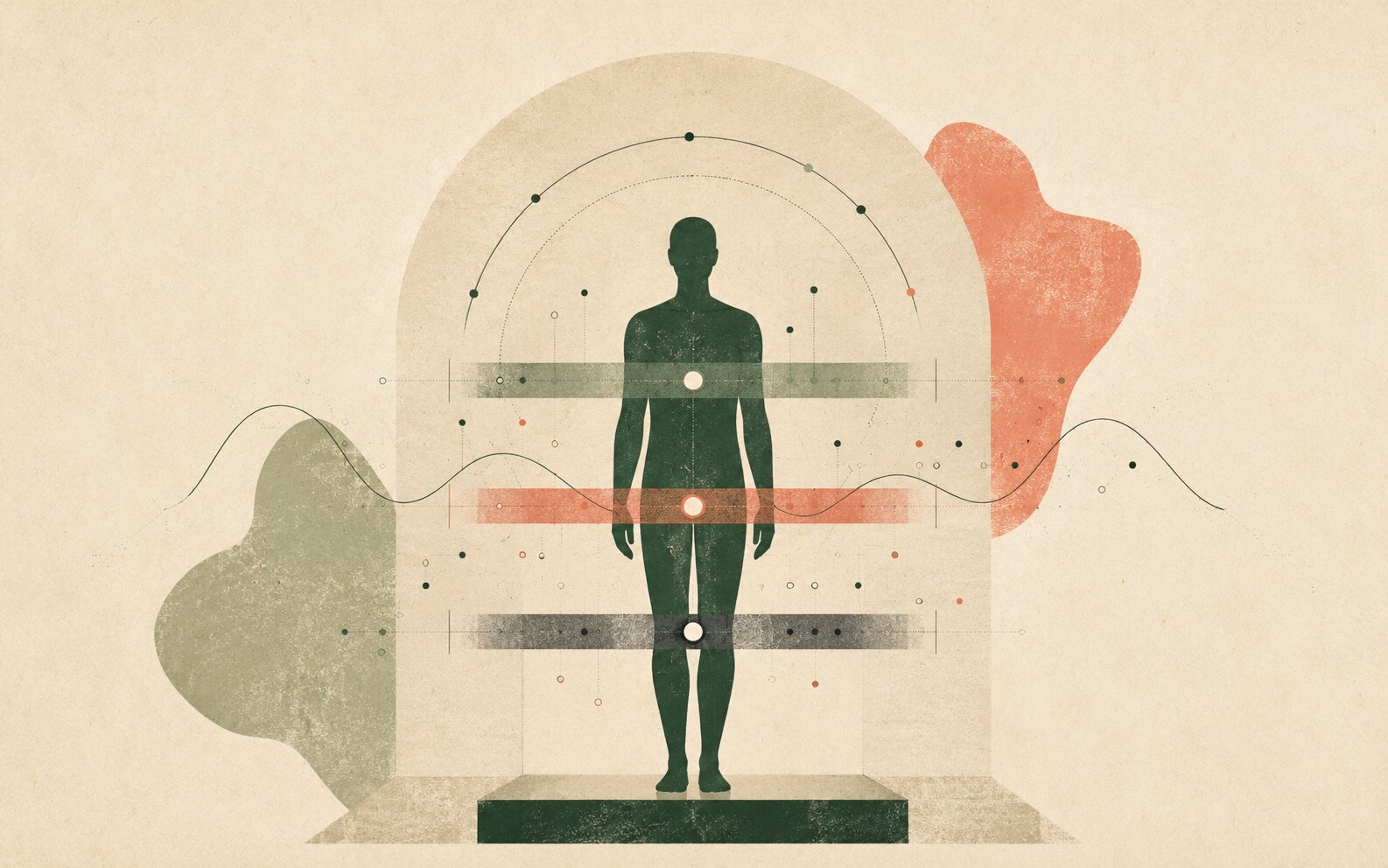 Ilustración de silueta humana con biomarcadores y datos de salud
